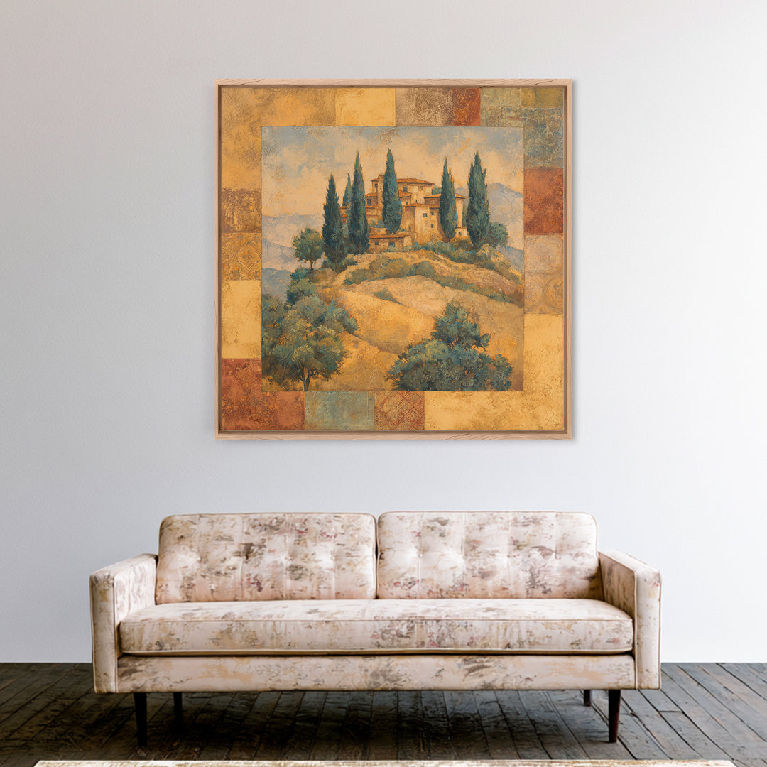 Tuscan Hillside with Cypress Trees and Golden Canvas Print, Italian Villa Art, Living Room Decor, Oil Painting, Villa, IVA-1x1-97