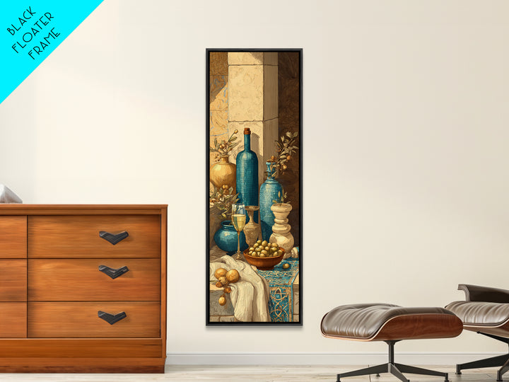 White Wine and Olives Still Life Framed Canvas Print, Italian Villa Art, Colorful Wall Art, Living Room Decor, Fine Art, Villa, IVA-1x3-4