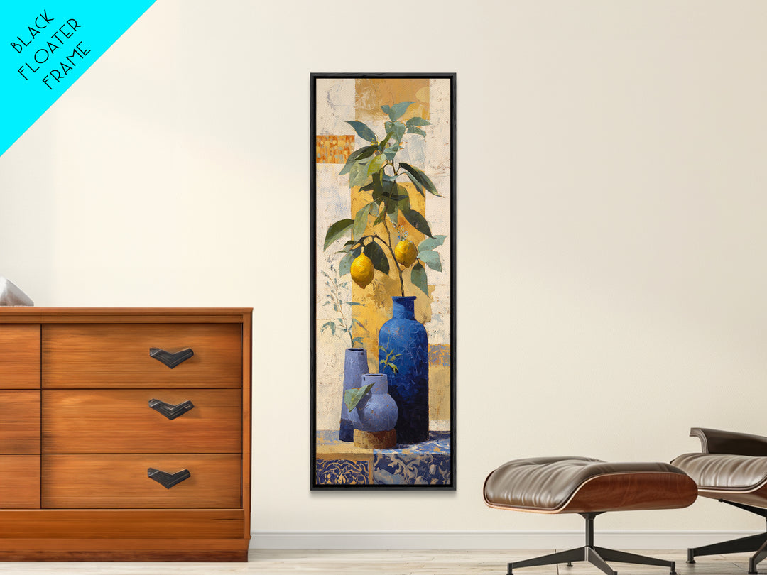 Lemon Branch in Blue Ceramic Vase Framed Canvas Print, Italian Villa Art, Gallery Wall Set, Living Room Decor, Oil Painting, IVA-1x3-62