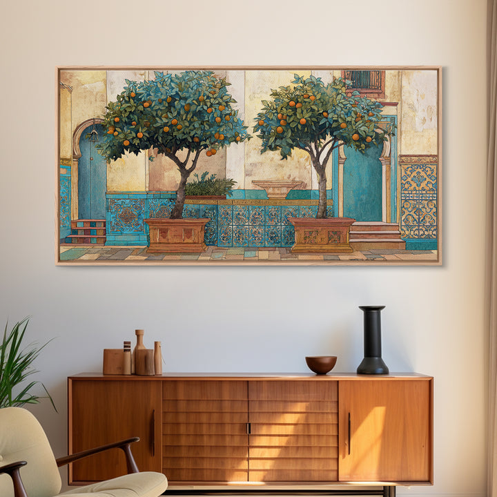 Orange Tree in a Courtyard Planter Framed Canvas Print, Italian Villa Art, Home Decor, Living Room Decor, Fine Art, Villa, IVA-2x1-10
