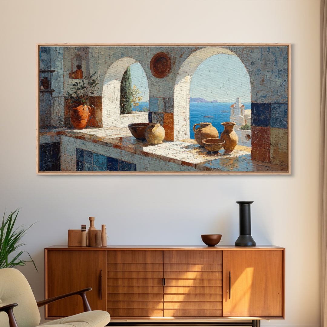 Mediterranean Arch Framing Blue Sea Framed Canvas Print, Italian Villa Art, Digital Download Art, Living Room Decor, Villa, IVA-2x1-100
