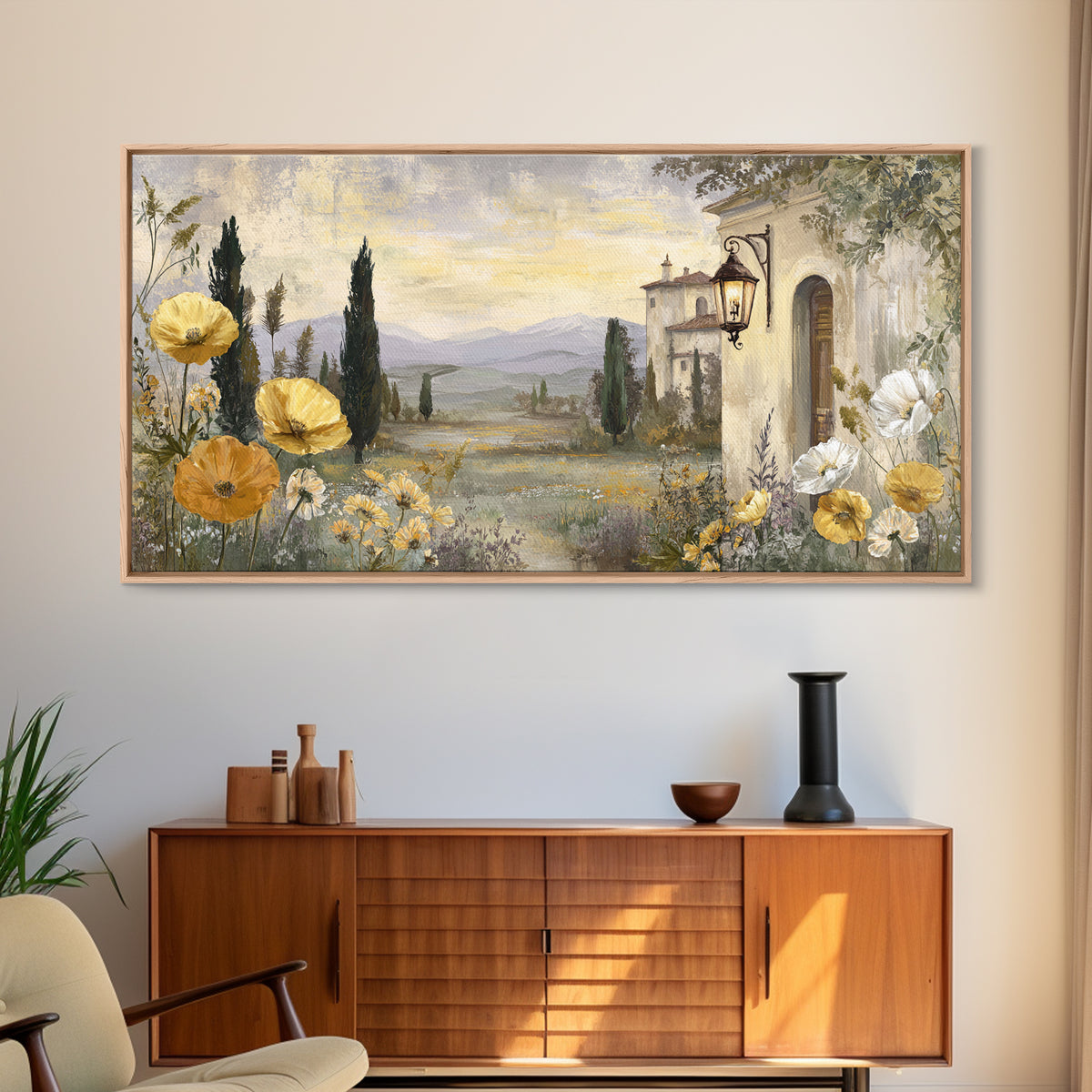 Tuscan Poppy Field Framed Canvas Print, Italian Villa Art, Landscape Painting, Living Room Decor, Villa, Digital Art Print, IVA-2x1-11