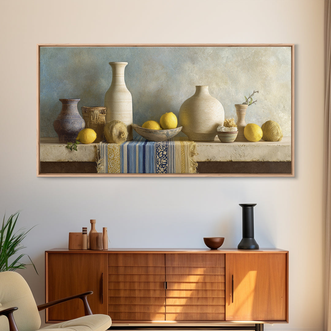 Coastal Lemons and Striped Cloth Arrangement Framed Canvas Print, Italian Villa Art, Modern Decor, Living Room Decor, Villa, IVA-2x1-20