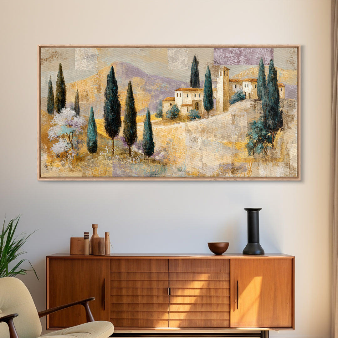 Tuscan Hillside with Cypress Trees and Golden Canvas Print, Italian Villa Art, Living Room Decor, Oil Painting, Villa, IVA-2x1-21