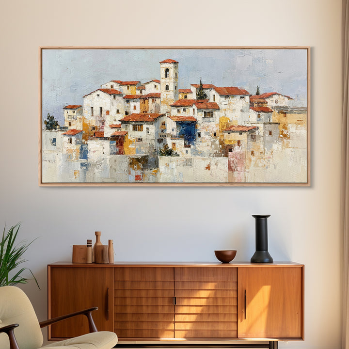 Terracotta Rooftops Against Pale Sky Framed Canvas Print, Italian Villa Art, Room Decor, Living Room Decor, Fine Art, Villa, IVA-2x1-24