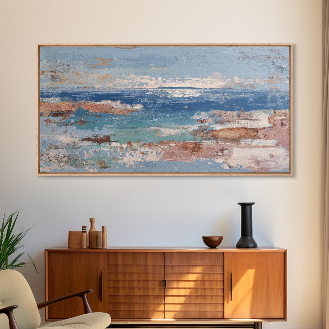 Mediterranean Arch Framing Blue Sea Framed Canvas Print, Italian Villa Art, Textured Painting, Living Room Decor, Villa, IVA-2x1-28