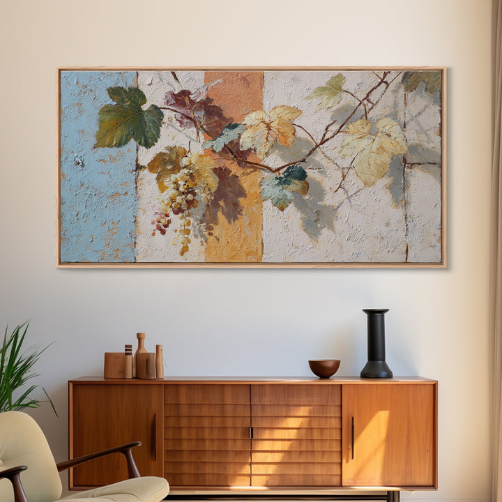 Grapevine and Wine Still Life on Linen Framed Canvas Print, Italian Villa Art, Printable Art, Living Room Decor, Villa, IVA-2x1-3