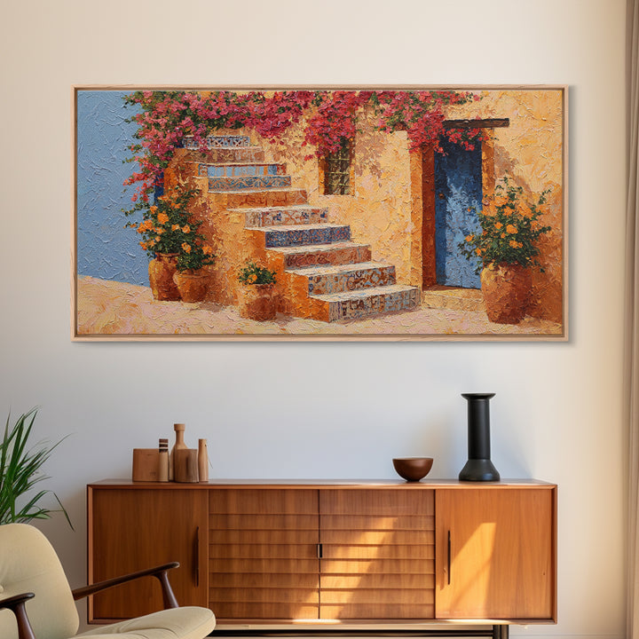 Sunlit Stone Stairway Canvas Print, Italian Villa Art, Original Painting, Living Room Decor, Villa, Landscape Painting, IVA-2x1-31