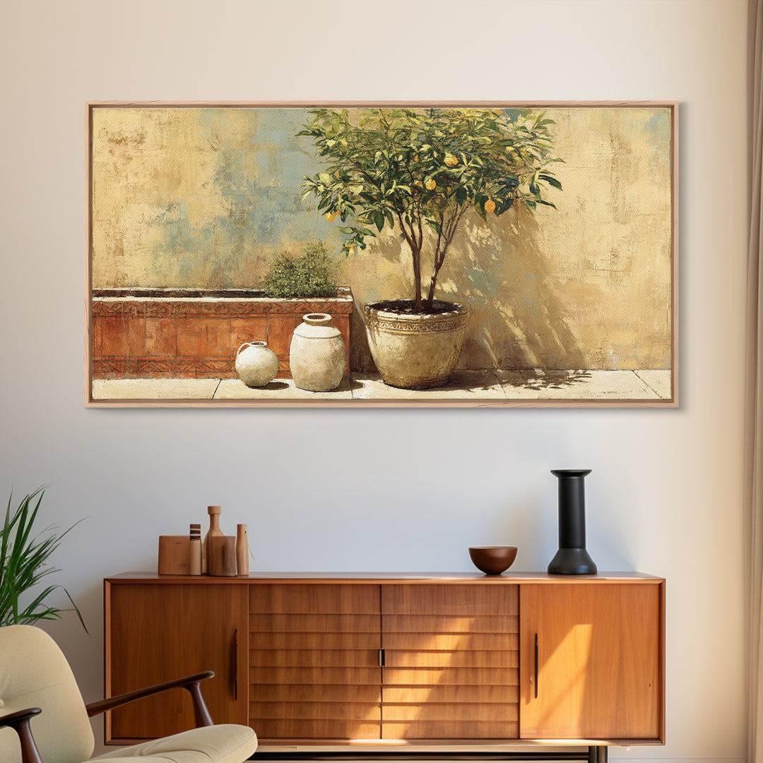 Orange Tree in a Courtyard Planter Framed Canvas Print, Italian Villa Art, Home Decor, Living Room Decor, Fine Art, Villa, IVA-2x1-34