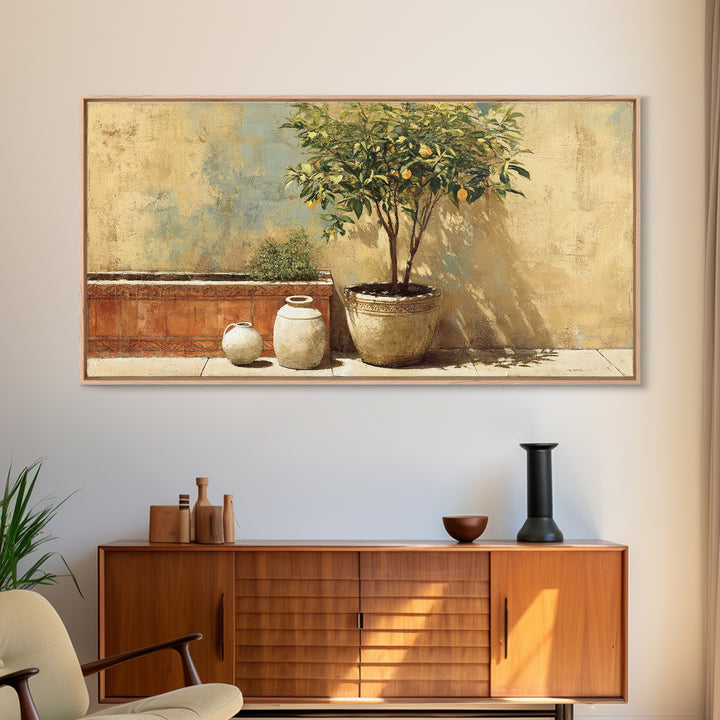 Orange Tree in a Courtyard Planter Framed Canvas Print, Italian Villa Art, Home Decor, Living Room Decor, Fine Art, Villa, IVA-2x1-34