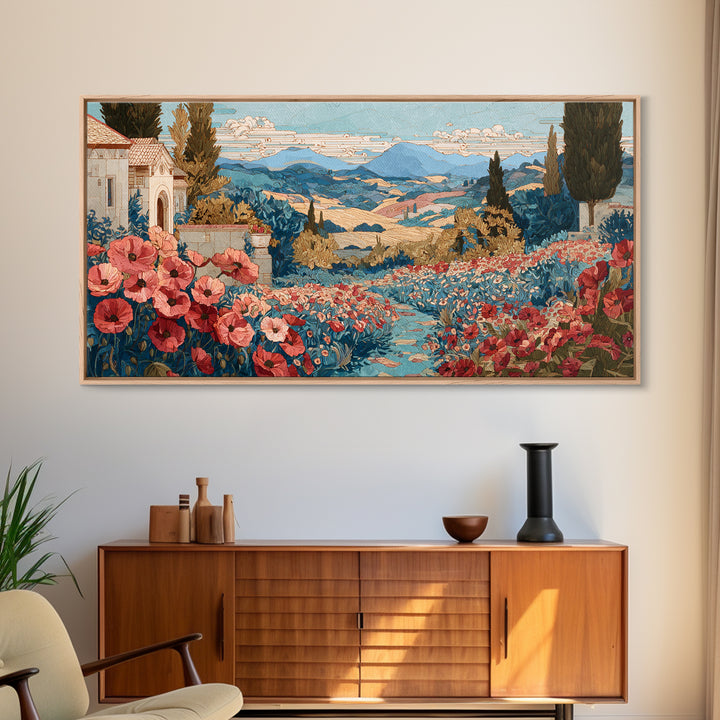 Tuscan Poppy Field Framed Canvas Print, Italian Villa Art, Boho Decor, Living Room Decor, Oil Painting, Villa, Digital Wall Art, IVA-2x1-35
