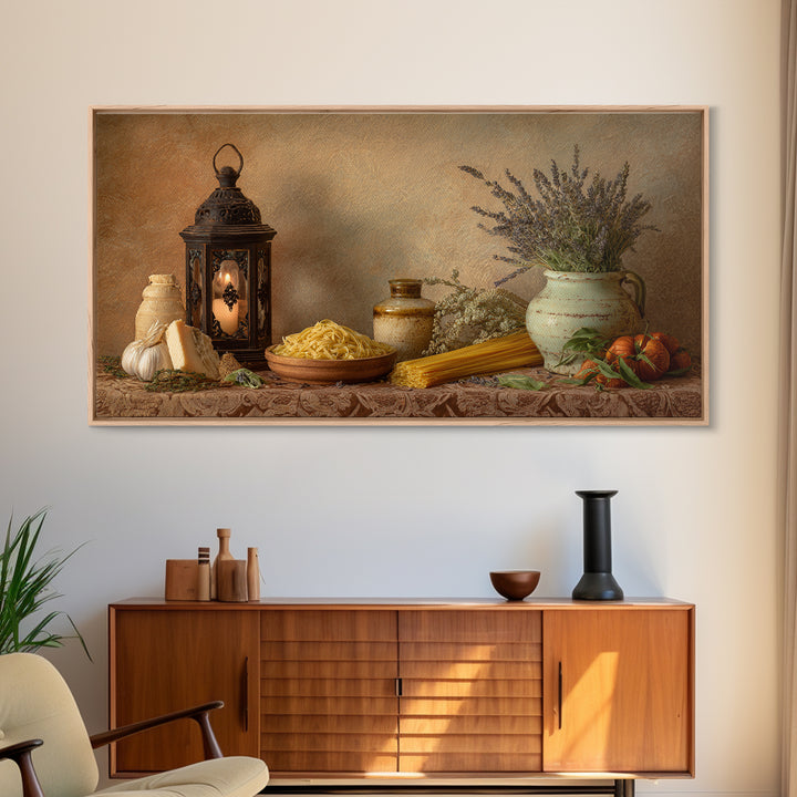 Pasta Herbs and Tomatoes Still Life Canvas Print, Italian Villa Art, Minimalist Decor, Living Room Decor, Oil Painting, Villa, IVA-2x1-39