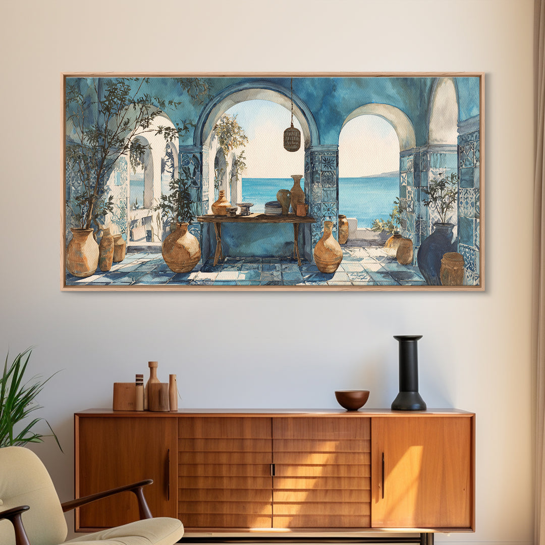 Mediterranean Arch Framing Blue Sea Canvas Print, Italian Villa Art, Statement Artwork, Living Room Decor, Fine Art, Villa, IVA-2x1-4