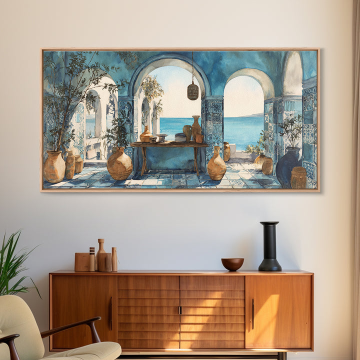 Mediterranean Arch Framing Blue Sea Canvas Print, Italian Villa Art, Statement Artwork, Living Room Decor, Fine Art, Villa, IVA-2x1-4