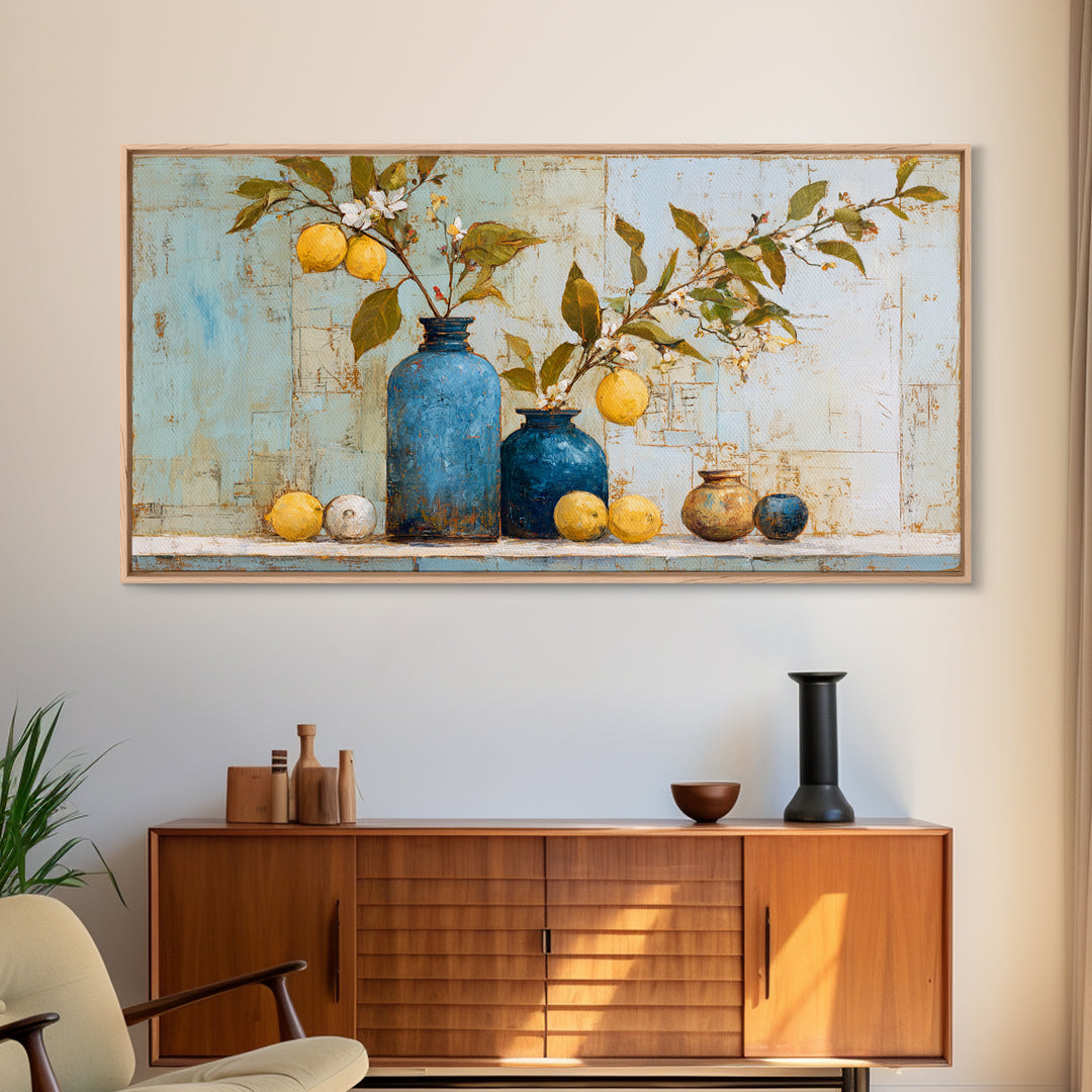 Lemon Branch in Blue Ceramic Vase Framed Canvas Print, Italian Villa Art, Neutral Decor, Living Room Decor, Fine Art, Villa, IVA-2x1-46