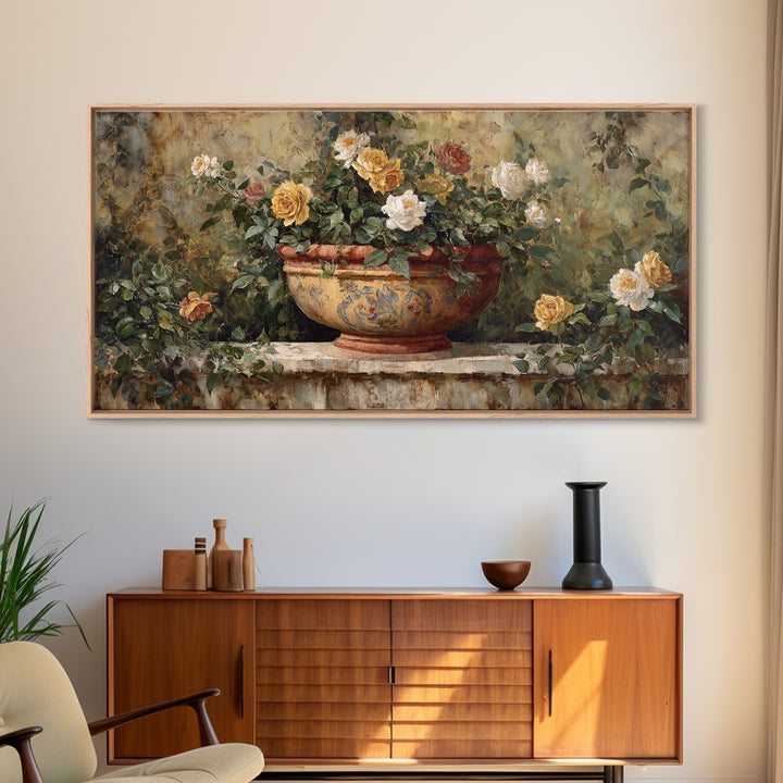 Italian Villa Garden Urn Framed Canvas Print, Italian Villa Art, Modern Decor, Living Room Decor, Oil Painting, Villa, IVA-2x1-50