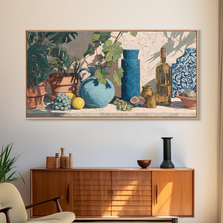 Grapevine and Wine Still Life on Linen Framed Canvas Print, Italian Villa Art, Printable Art, Living Room Decor, Abstract Art, IVA-2x1-51
