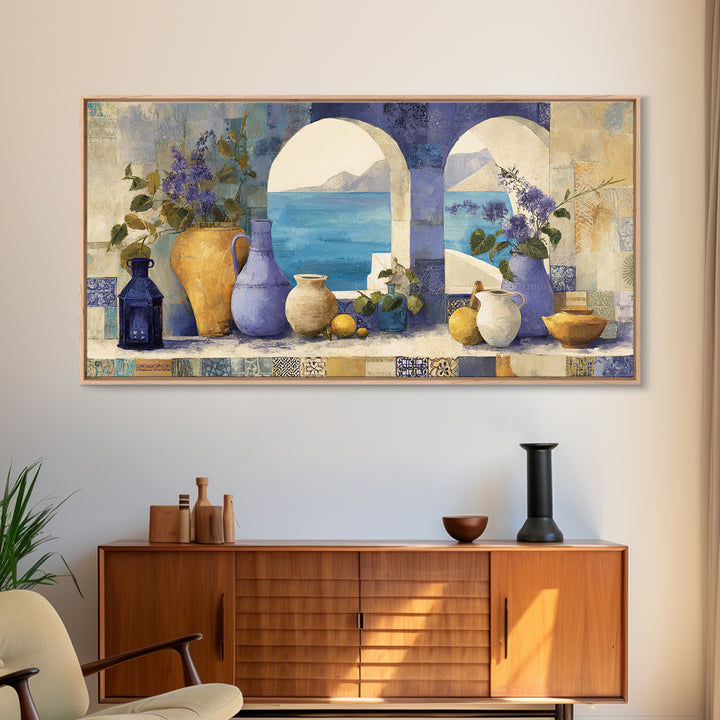 Mediterranean Arch Framing Blue Sea Canvas Print, Italian Villa Art, Original Painting, Living Room Decor, Fine Art, Villa, IVA-2x1-52