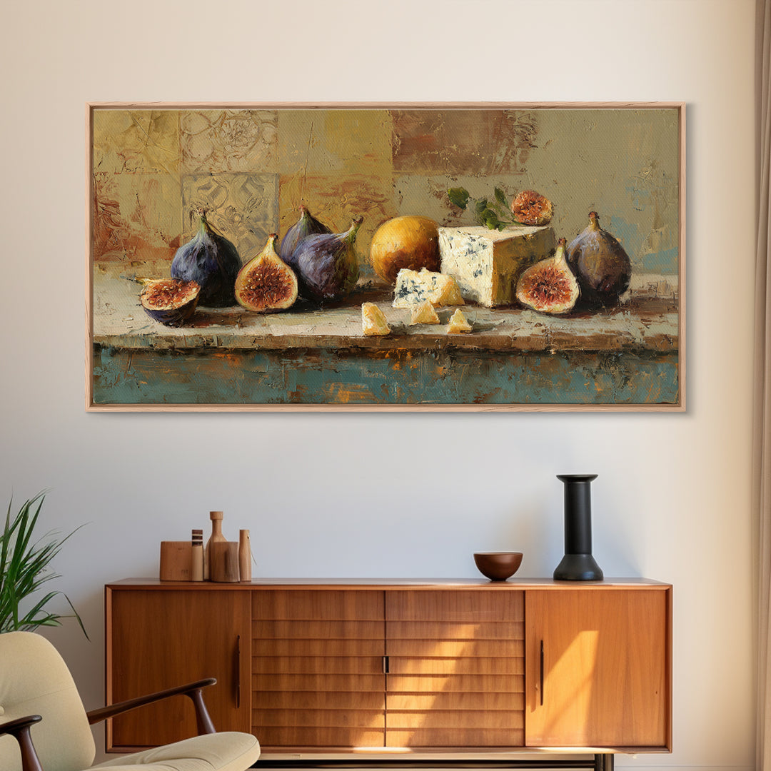 Figs and Cheese on Rustic Wooden Board Canvas Print, Italian Villa Art, Art Print, Living Room Decor, Oil Painting, Villa, IVA-2x1-53