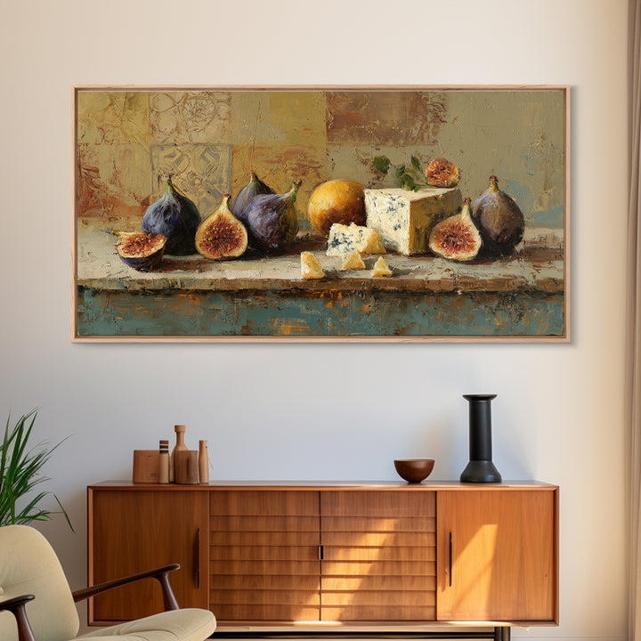 Figs and Cheese on Rustic Wooden Board Canvas Print, Italian Villa Art, Art Print, Living Room Decor, Oil Painting, Villa, IVA-2x1-53