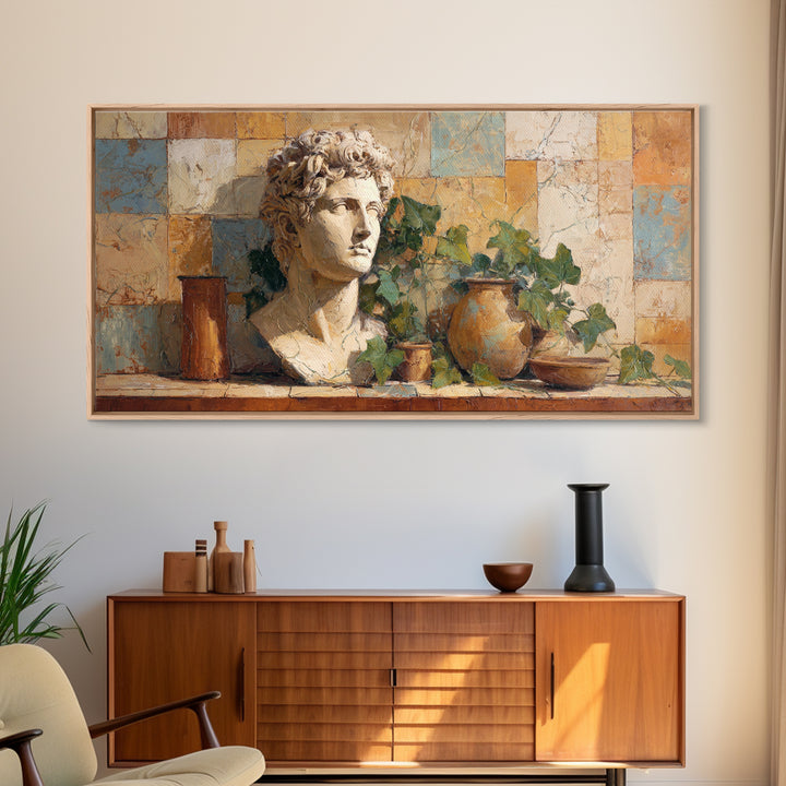 Classic Roman Statue Bust Framed Canvas Print, Italian Villa Art, Oil Painting, Living Room Decor, Villa, Farmhouse Wall Art, IVA-2x1-56