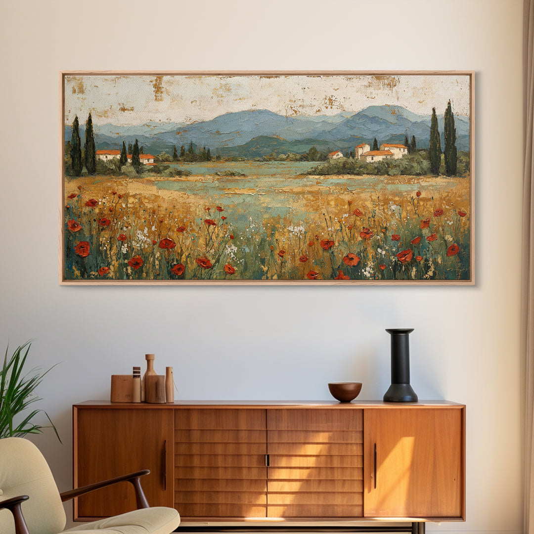 Tuscan Poppy Field Framed Canvas Print, Italian Villa Art, Landscape Painting, Living Room Decor, Watercolor Art, Villa, IVA-2x1-59