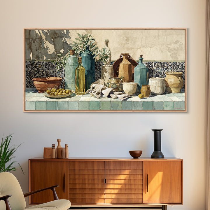 White Wine and Olives Still Life Framed Canvas Print, Italian Villa Art, Digital Wall Art, Living Room Decor, Oil Painting, IVA-2x1-60