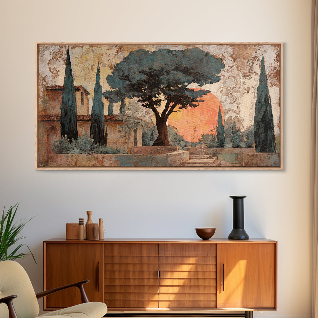 Cypress Silhouette at Sunset Framed Canvas Print, Italian Villa Art, Boho Decor, Living Room Decor, Abstract Art, Villa, IVA-2x1-65