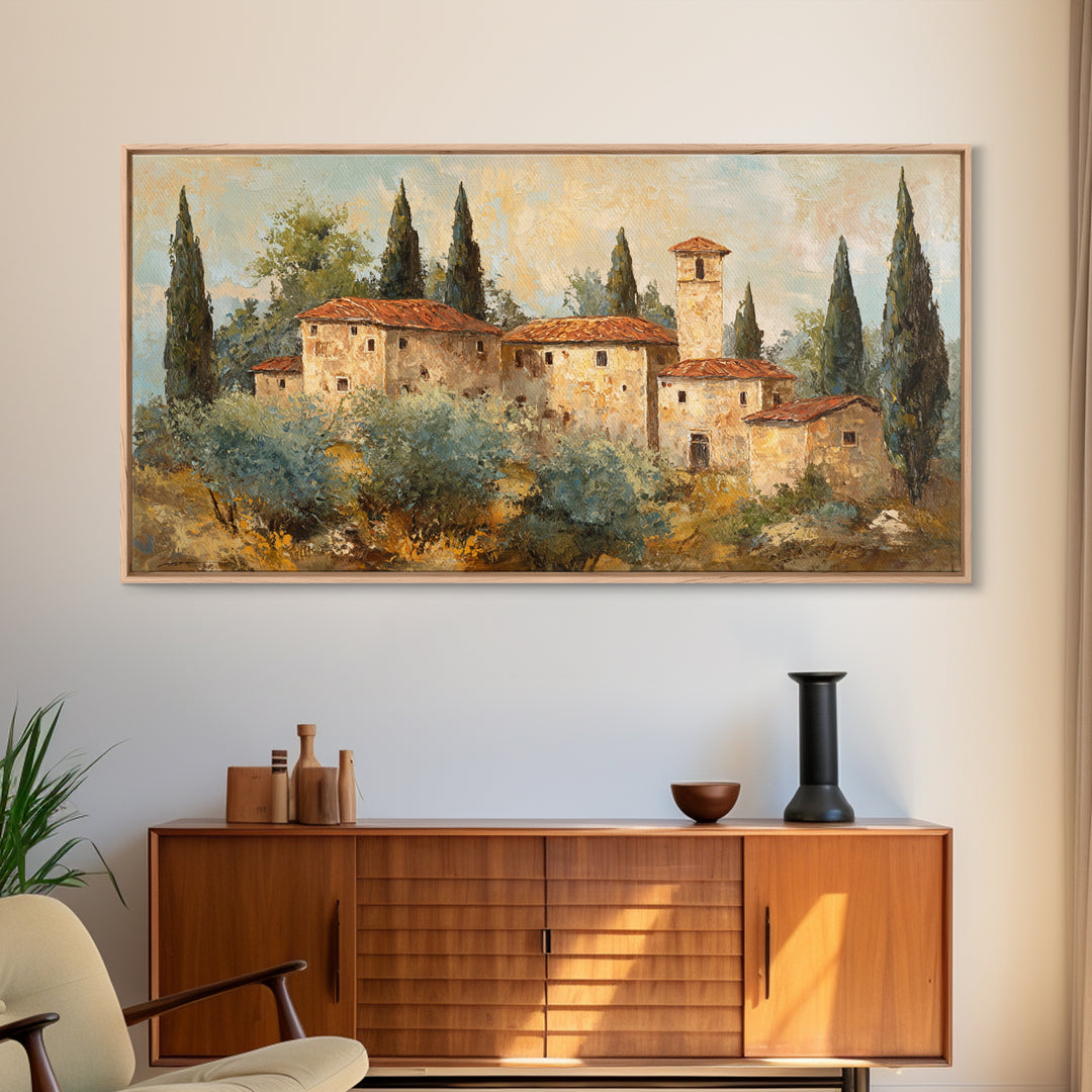 Tuscan Hillside with Cypress Trees and Golden Canvas Print, Italian Villa Art, Minimalist Decor, Living Room Decor, Villa, IVA-2x1-69