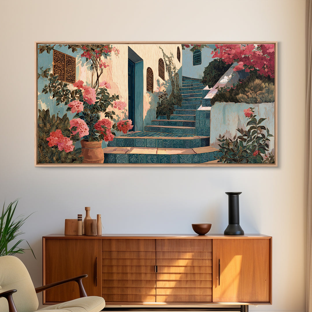 Sunlit Stone Stairway Framed Canvas Print, Italian Villa Art, Textured Painting, Living Room Decor, Villa, Bedroom Wall Art, IVA-2x1-7