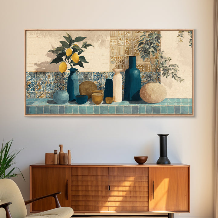 Lemon Branch in Blue Ceramic Vase Canvas Print, Italian Villa Art, Luxury Decor, Living Room Decor, Oil Painting, Villa, IVA-2x1-70