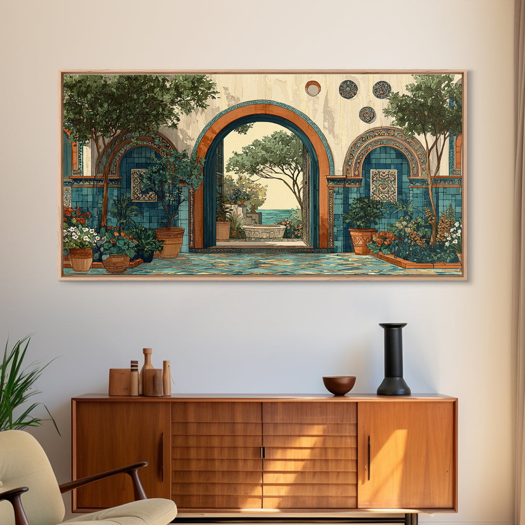 Mediterranean Arch Framing Blue Sea Canvas Print, Italian Villa Art, Coastal Decor, Living Room Decor, Fine Art, Villa, IVA-2x1-76
