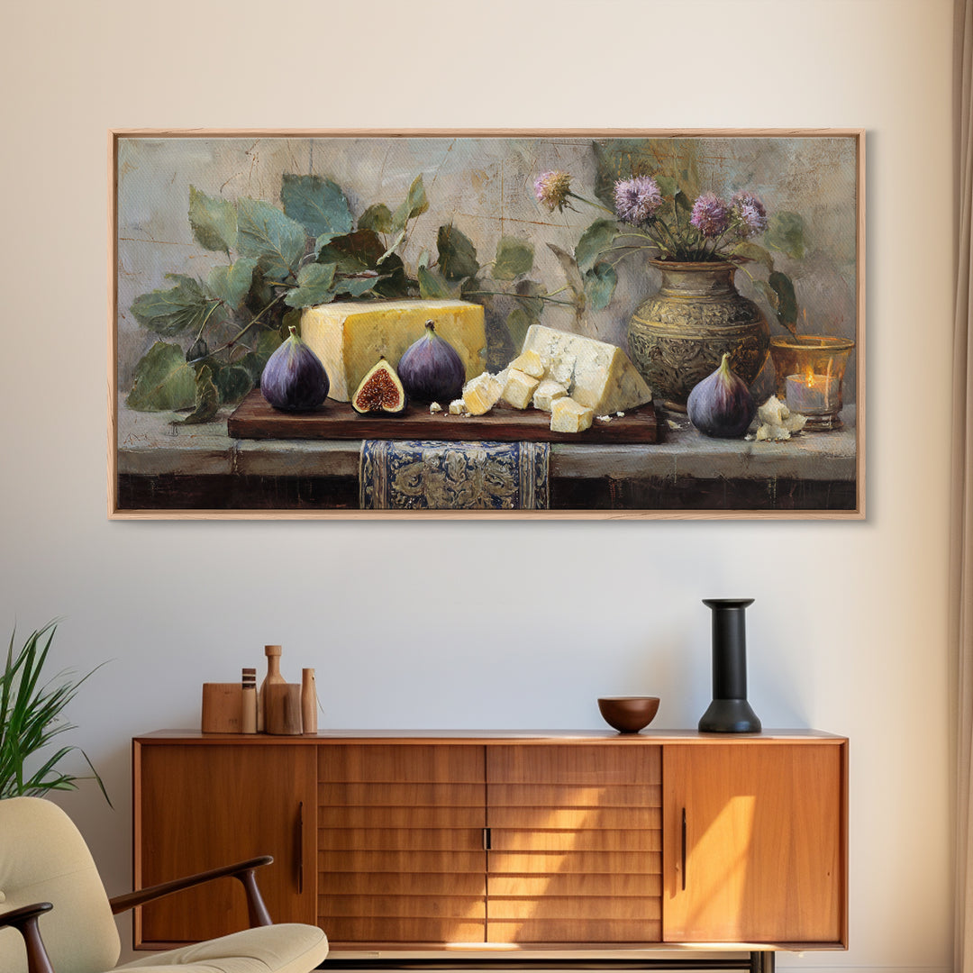Figs and Cheese on Rustic Wooden Board Canvas Print, Italian Villa Art, Art Print, Living Room Decor, Oil Painting, Villa, IVA-2x1-77