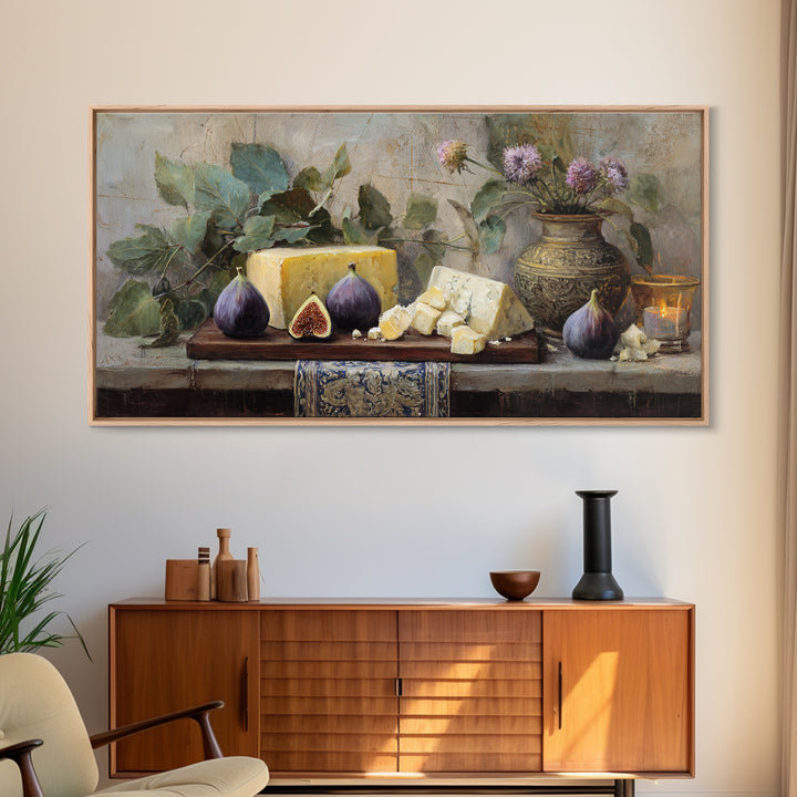 Figs and Cheese on Rustic Wooden Board Canvas Print, Italian Villa Art, Art Print, Living Room Decor, Oil Painting, Villa, IVA-2x1-77