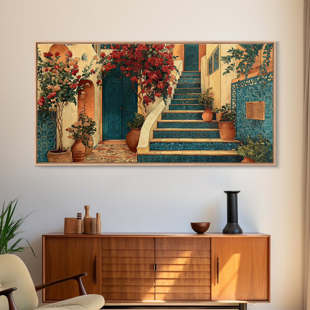 Sunlit Stone Stairway Framed Canvas Print, Italian Villa Art, Digital Download Art, Living Room Decor, Fine Art, Villa, IVA-2x1-79