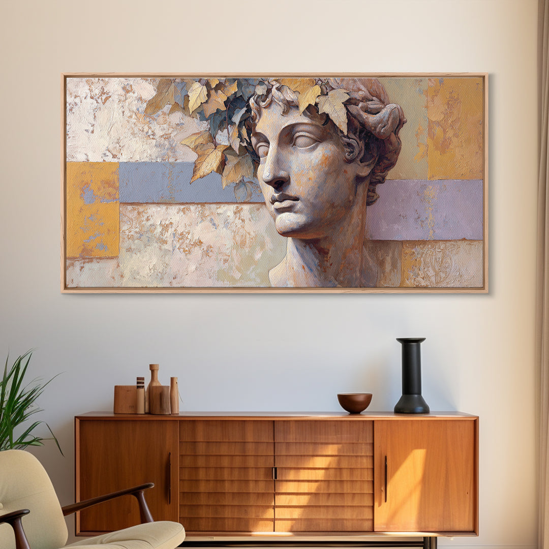 Classic Roman Statue Bust Framed Canvas Print, Italian Villa Art, Landscape Painting, Living Room Decor, Fine Art, Villa, IVA-2x1-80