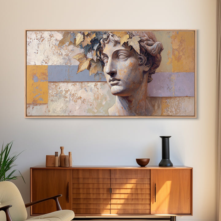 Classic Roman Statue Bust Framed Canvas Print, Italian Villa Art, Landscape Painting, Living Room Decor, Fine Art, Villa, IVA-2x1-80