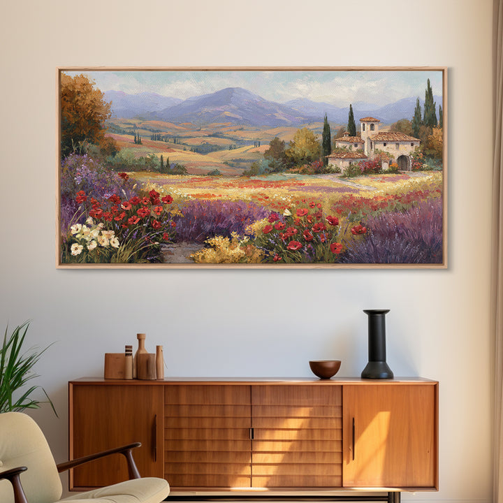 Tuscan Poppy Field Framed Canvas Print, Italian Villa Art, Boho Decor, Living Room Decor, Fine Art, Villa, Digital Wall Art, IVA-2x1-83