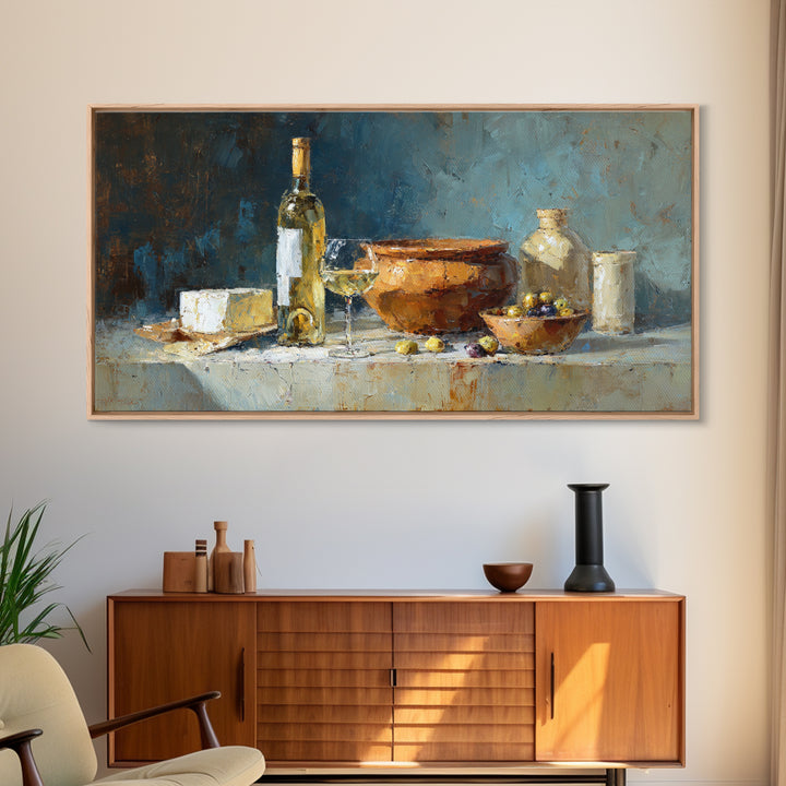 White Wine and Olives Still Life Framed Canvas Print, Italian Villa Art, Farmhouse Wall Art, Living Room Decor, Fine Art, Villa, IVA-2x1-84