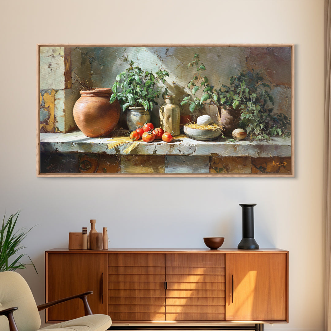Pasta Herbs and Tomatoes Still Life Framed Canvas Print, Italian Villa Art, Farmhouse Wall Art, Living Room Decor, Villa, IVA-2x1-87