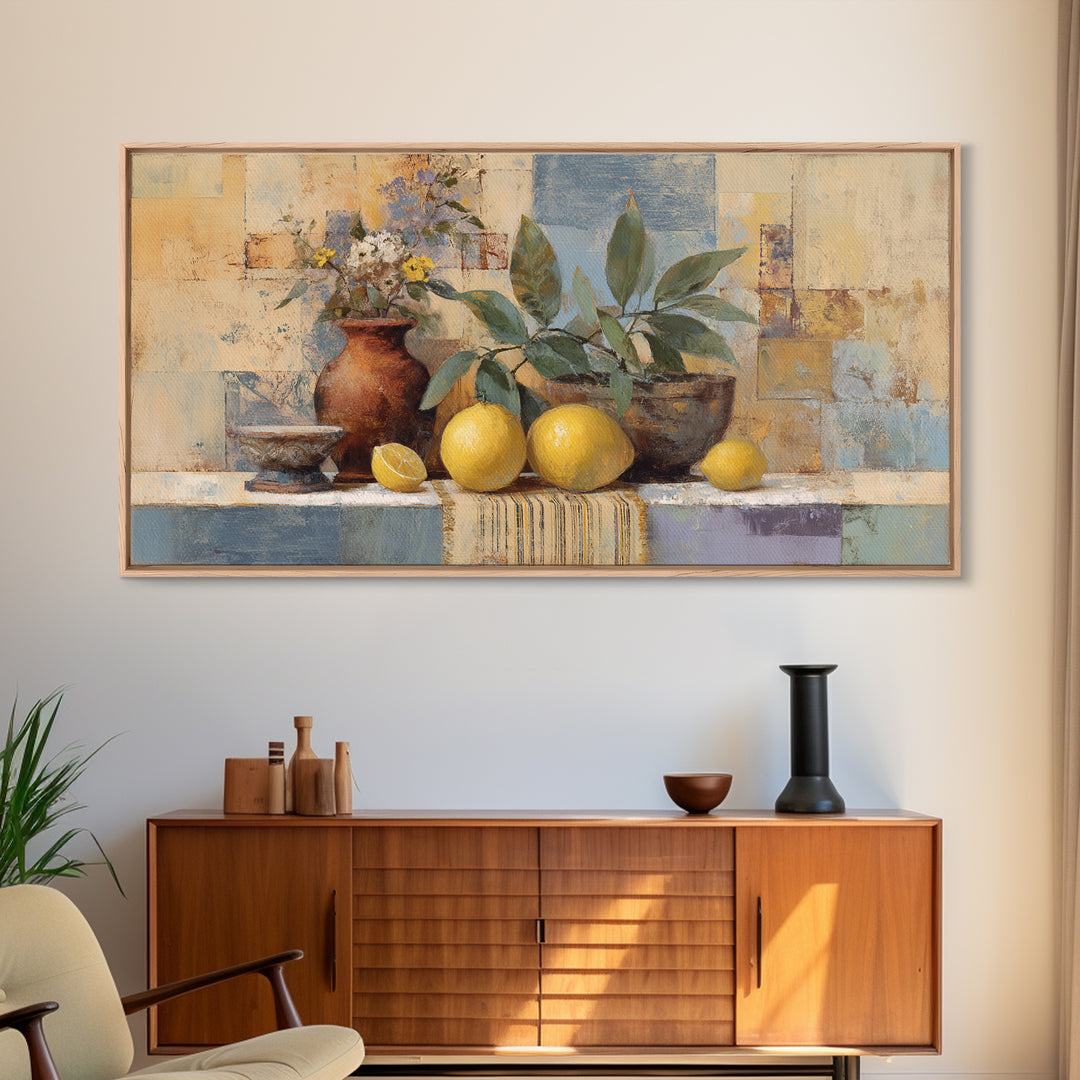 Coastal Lemons and Striped Cloth Arrangement Canvas Print, Italian Villa Art, Bedroom Wall Decor, Living Room Decor, Villa, IVA-2x1-92