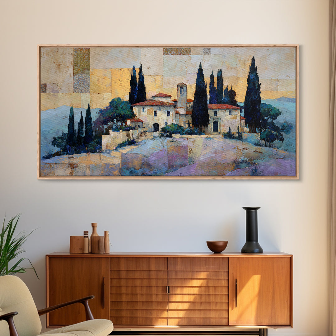 Tuscan Hillside with Cypress Trees and Golden Canvas Print, Italian Villa Art, Minimalist Decor, Living Room Decor, Villa, IVA-2x1-93