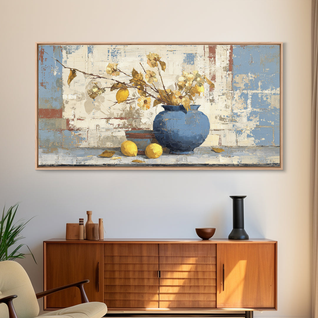 Lemon Branch in Blue Ceramic Vase Canvas Print, Italian Villa Art, Luxury Decor, Living Room Decor, Oil Painting, Villa, IVA-2x1-94