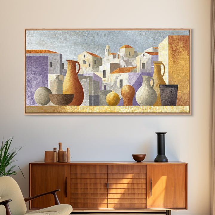 Terracotta Rooftops Against Pale Sky Framed Canvas Print, Italian Villa Art, Colorful Wall Art, Living Room Decor, Oil Painting, IVA-2x1-96
