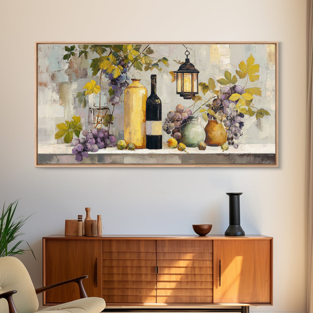 Grapevine and Wine Still Life on Linen Framed Canvas Print, Italian Villa Art, Printable Art, Living Room Decor, Abstract Art, IVA-2x1-99