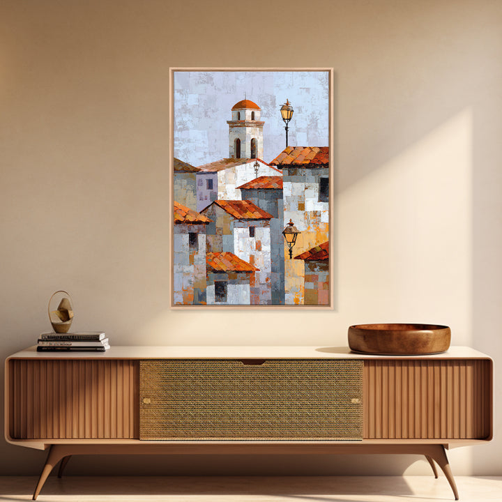 Terracotta Rooftops Against Pale Sky Framed Canvas Print, Italian Villa Art, Digital Art Print, Living Room Decor, Oil Painting, IVA-2x3-12