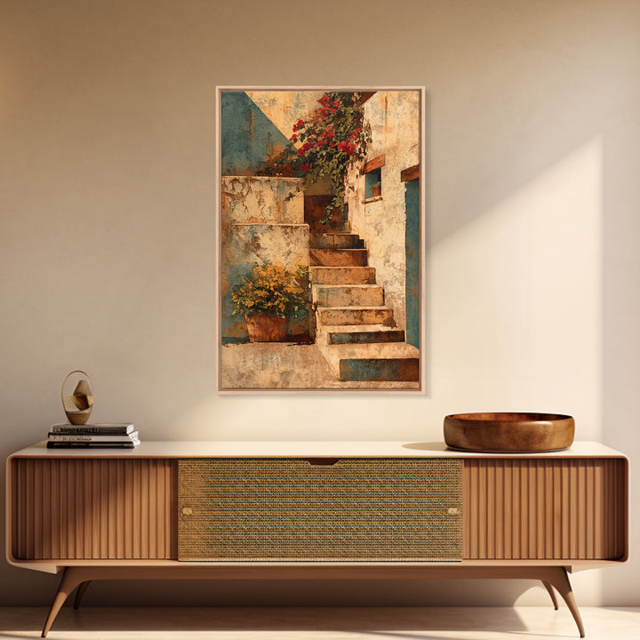 Sunlit Stone Stairway Framed Canvas Print, Italian Villa Art, Bedroom Wall Art, Living Room Decor, Villa, Travel Poster, IVA-2x3-19