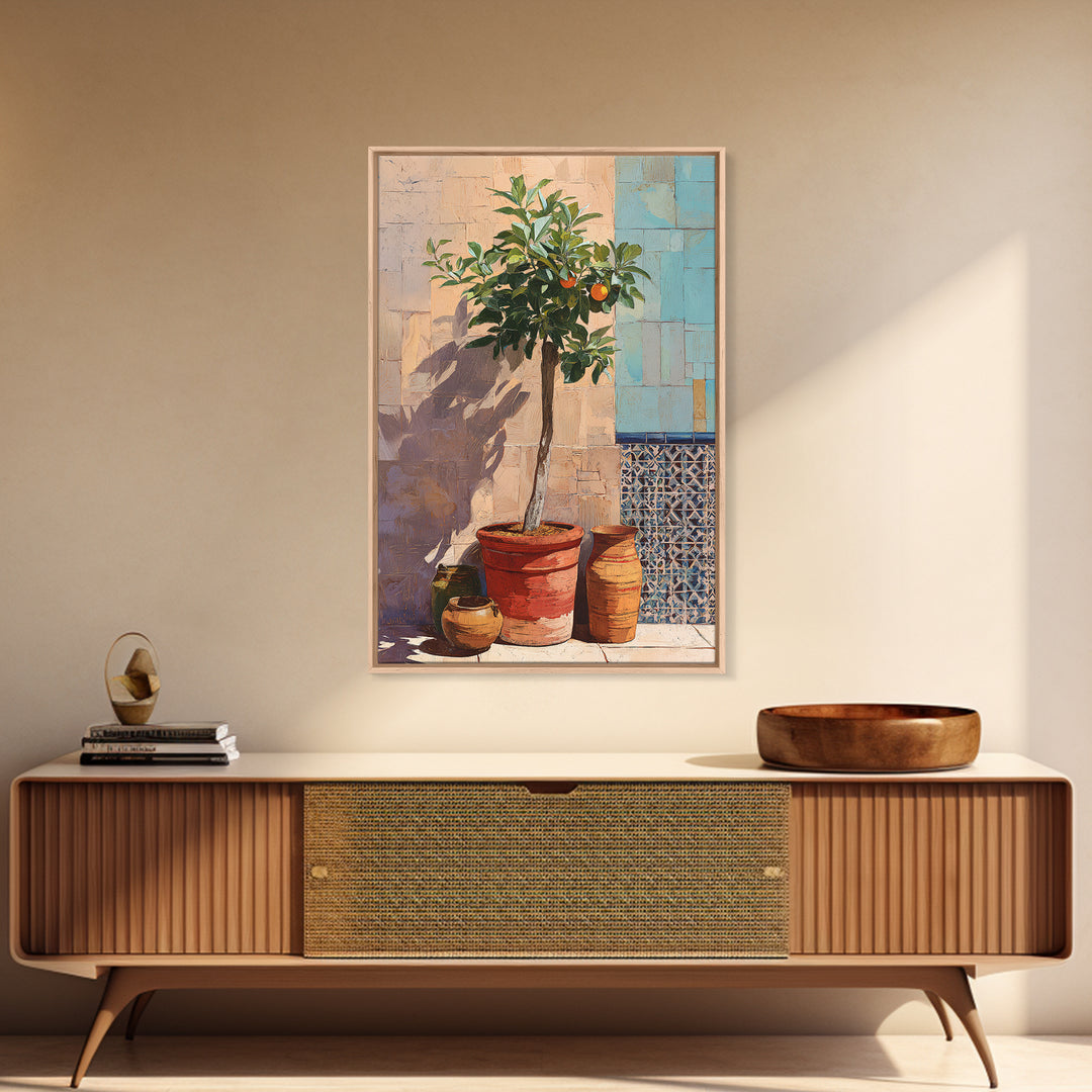 Orange Tree in a Courtyard Planter Framed Canvas Print, Italian Villa Art, Home Decor, Living Room Decor, Fine Art, Villa, IVA-2x3-22