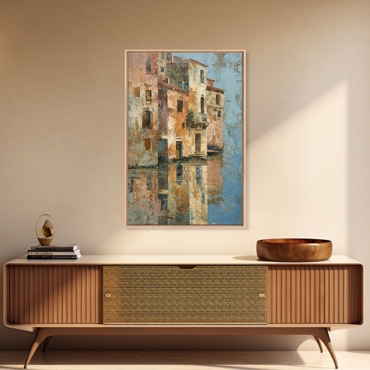 Venetian Canal Reflection Without City Crowd Canvas Print, Italian Villa Art, Textured Painting, Living Room Decor, Villa, IVA-2x3-28