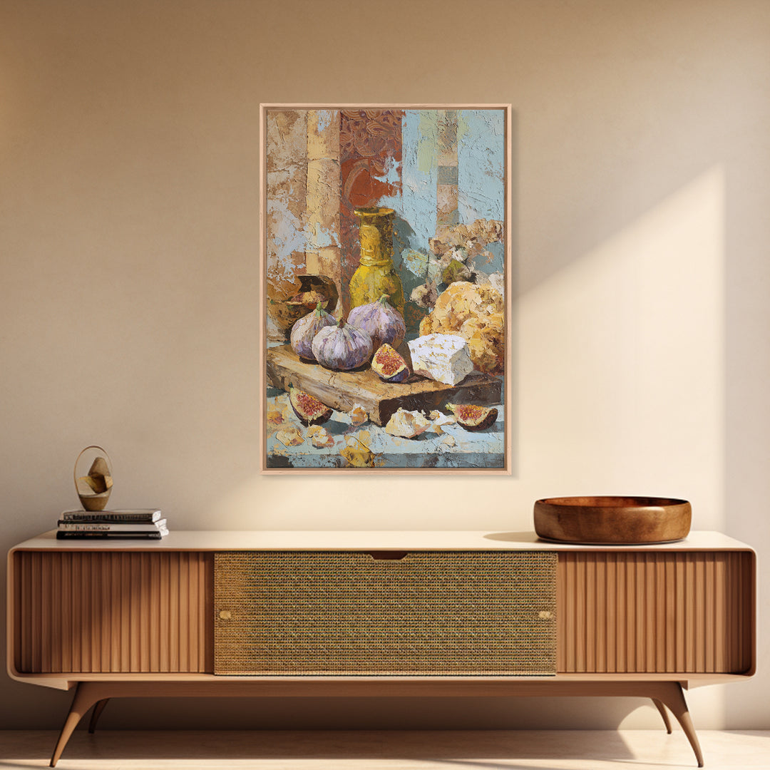 Figs and Cheese on Rustic Wooden Board Framed Canvas Print, Italian Villa Art, Modern Decor, Living Room Decor, Abstract Art, IVA-2x3-41